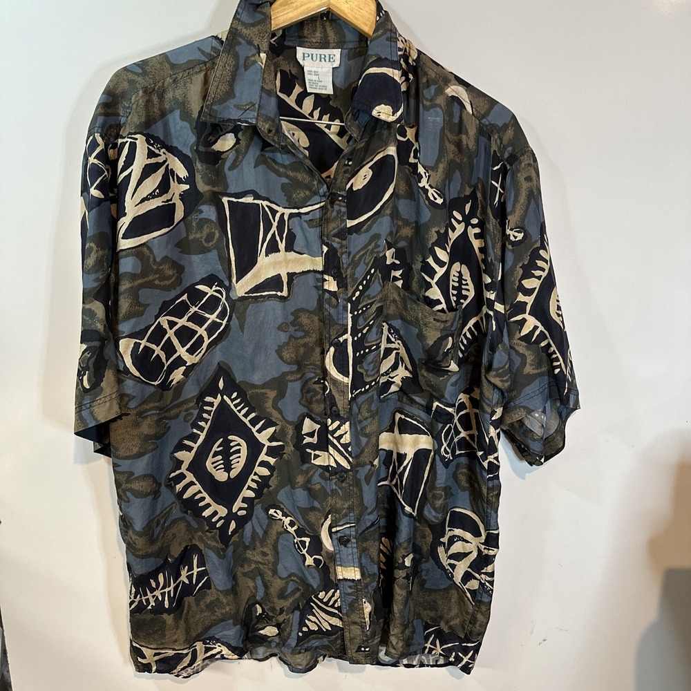 Pure 100% Silk Geometric Artwork Pocket SHORT SLEEVE SHIRT Large L Hawaiian